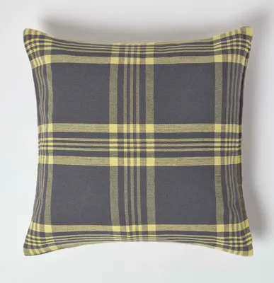 Obrázek produktu pro HOMESCAPES Bavlněný povlak na polštář s tartanovým vzorem ve žlutošedé barvě, 60 x 60 cm