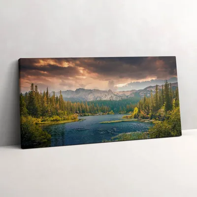 Produktbild von Landschaft mit Wald, Bergen und See – Leinwandbild Wandbild – 100x50 cm – Leinwandbilder – Wandbilder – Schlafzimmer – Flur