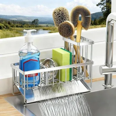 Imagen del producto de Organizador para fregadero de acero inoxidable Unyqoos® SUS304 con desagüe automático, separadores extraíbles (ajustables), 23,5 x 9 x 16 cm