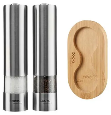 Produktbild von Cooks Professional Elektrisches Salz- und Pfeffermühlen-Set mit Bambusständer & verstellbarem Mahlgrad | Silber