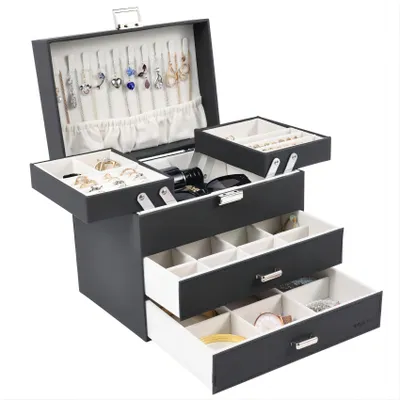 Imagen del producto de Caja de joyería grande con 4 niveles y 2 cajones para diferentes tipos de joyas