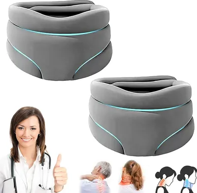 A collage of a neck brace, a doctor, and diagrams illustrating neck pain.