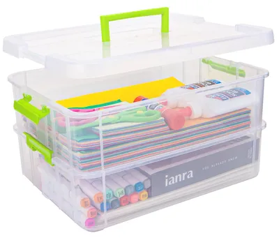 Image de Boîte de rangement en plastique à deux compartiments avec couvercle, empilable, pour le matériel de loisirs créatifs, les accessoires de couture et le maquillage.