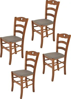 Produktbild von t m c s Tommychairs - 4er Set Stühle CUORE für Küche und Esszimmer, robuste Struktur aus lackiertem Buchenholz im Farbton Helles Nussbraun und gepolsterte Sitzfläche mit Stoff in der Farbe Rehbraun bezogen