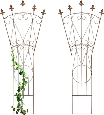 Image de Treillis Relaxdays, lot de 2, métal, style vintage, H x L : 145 x 54 cm, pour plantes grimpantes, à enfoncer dans le sol, treillis, marron