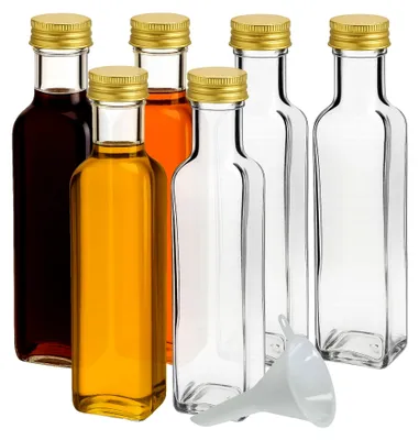 Produktbild von 6 Glasflaschen mit Schraubverschluss 500 ml und Einfülltrichter