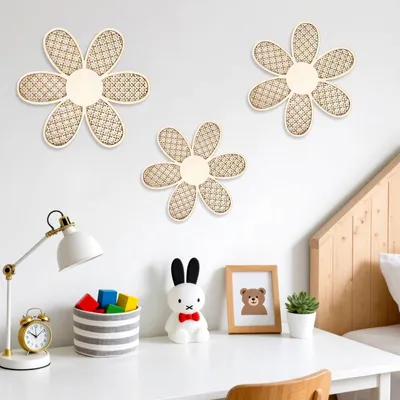 3er-Set Rotan-Blumen-Wanddekoration, handgefertigt, Boho-Stil