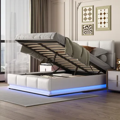 Produktbild von Flieks Hydraulická posteľ Boxspring 140x200 cm Čalúnená posteľ s úložným priestorom a led osvetlením, manželská posteľ s lamelovým rámom, úložná posteľ pre mladých Biela