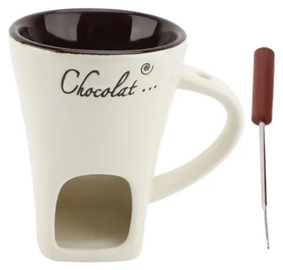Productafbeelding van Chocoladefondue-beker - Keramische smeltkom met vorken - geschikt voor chocolade, kaas en boter - wit