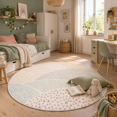 Produktbild von Kinder Teppich Softstar Kids Fantasy Bunt Rund, Größe:160 cm Rund, KI-generiertes Bild