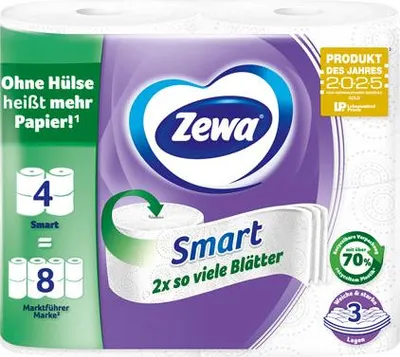 Produktbild von Zewa Smart Toilettenpapier ohne Hülse – 4 Rollen × 300 Blatt (3-lagig)