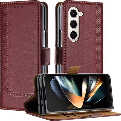 Produktbild von Handyhülle für Samsung Galaxy Z Fold 5 Leder Flip Klappbare Schutzhülle mit Standfunktion Dunkelrot
