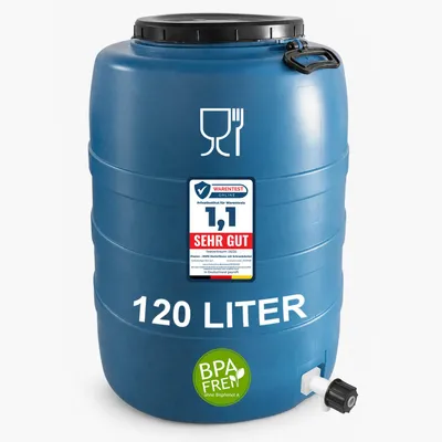 Produktbild von Plasteo 120 L Weithalsfass Lebensmittelecht HDPE Futtertonne Wassertank Mit Hahn und Tragegriffen. Für Wasser Lebensmittel Lagerung Fermentierung