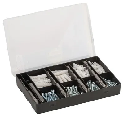 Produktbild von Fixier-Set 173-teilig, Bohrer, Dübel, Schrauben, Bits in handlicher Sortierbox.