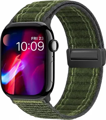 Produktbild von Smartwatch Armband für Apple Watch Series 10 46mm Nylon Textil Band Ersatzband Wechselband Magnetverschluss flexibel atmungsaktiv Grün Oliv