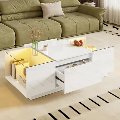 Zdjęcie produktu dla Fortuna Lai Nowoczesny stolik kawowy 105 cm z nastrojowym oświetleniem LED - szklany blat, schowek i 2 szuflady do praktycznego wykorzystania w salonie