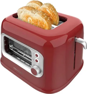 A red retro-style toaster with two slices of toast in it, shown on a white background.