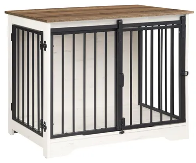 Image de Cage pour chien - Abri pour chien - Cage de transport pour chien - Enclos pour chien - Panier pour chien - Cage moderne en bois, blanche et marron - 81x55x67,5 cm