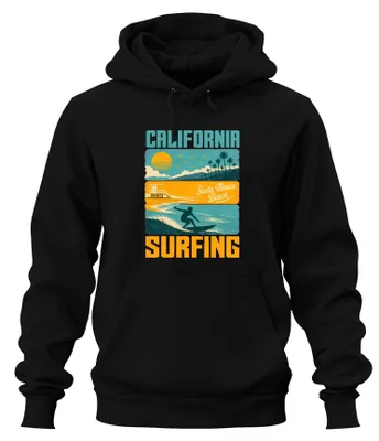 Zdjęcie produktu dla Bluza z kapturem "California Surfing Santa Monica Beach", dla surferów, wakacje w USA, kolor czarny, rozmiar M