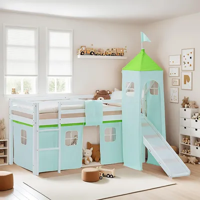 Produktbild von Homestyle4u Hochbett 90x200 Kinder Rutsche Lattenrost Vorhang Turm grün Kinderbett Spielbett Weiß Holz Kiefer Massiv
