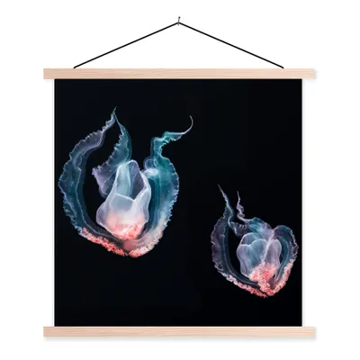 Produktbild von MuchoWow® Textilposter Quallen - Meerestiere - Schwarz 40x40 cm mit holzfarbenen Rahmen - Posterleiste