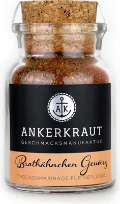 Produktbild von Ankerkraut Brathähnchen Gewürz, Pulverförmige Gewürze, 75 g, Kümmel, Chili, Knoblauch, Majoran, Petersilie, Meersalz, Süßer Paprika, Meersalz, Paprika edelsüß, Petersilie, Knoblauch, Majoran, Bockshornkleesaat, Chilischrot,..., 819 kcal, 195 kJ