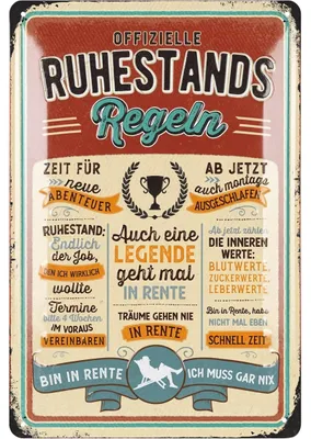 Produktbild von LANOLU Retro Blechschild Ruhestand Geschenk zum Renteneintritt Männer, Rentner Geschenk, lustige Deko Pensionierung, Rentenbeginn 20x30cm