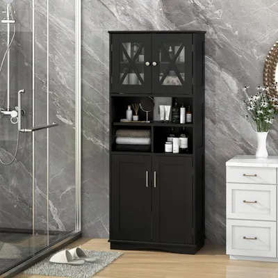 Obrázek produktu pro COSTWAY 60x30x145cm koupelnová skříňka, vysoká koupelnová skříňka se 3 nastavitelnými policemi a 4 dvířky, dřevěná skříňka do obývacího pokoje černá
