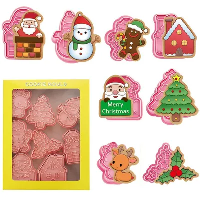 Productafbeelding van Uitsteekvormen kerst, 8 stuks, met stempel voor koekjes en fondant