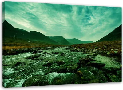 Produktbild von Leinwandbild berg flusslandschaft grün 100x70 cm Feeby blau wandbild bereit zum aufhängen