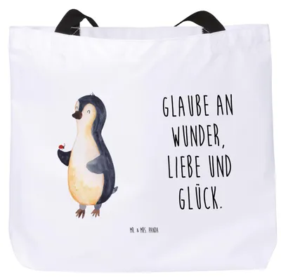 Produktbild von Mr. & Mrs. Panda Stoffbeutel Pinguin Marienkäfer - Weiß - Geschenk, Lebensfreude, Pandatasche, Liebe, Kleine Wunder, Tasche, Reisetasche, Schultasche, Tote Bag