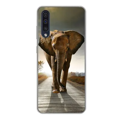 Produktbild von MuchoWow® Handyhülle Schutzhülle Hülle für Samsung Galaxy A50 Elefant - Straße - Tiere - Sonnenuntergang - Landschaft Silikon Softcase Handy Hülle - Mobiltelefonhülle