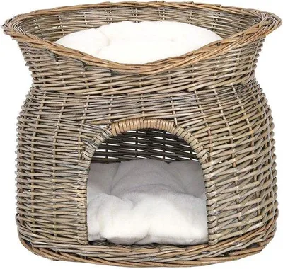 Produktbild von Famanu Katzenbett aus Weidenholz - Grau mit 2 Kissen