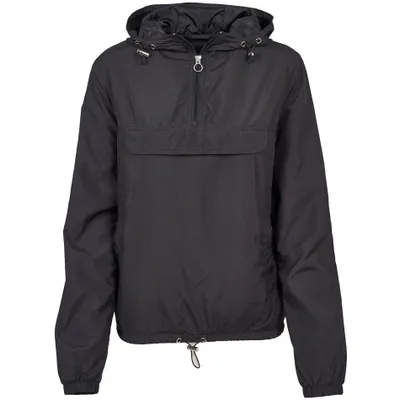 A black windbreaker jacket is shown against a white background.