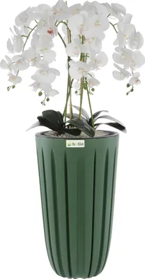 Produktbild von Künstliche Orchidee Weiß Kaskaden Blumenstrauß im Topf mit Rillen Grün, H 100 cm, gummierte Blumen, 5 Triebe Dekoration Schön Stilvoll Für Zuhause, Büro, perfektes Geschenk