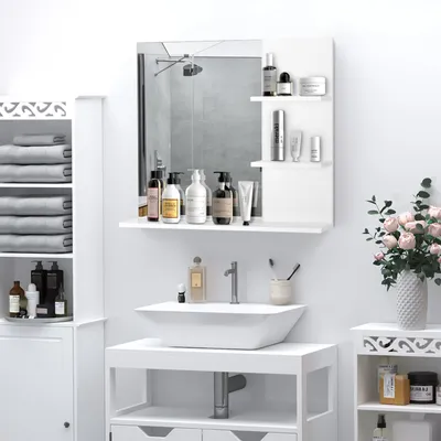 Produktbild von Sweiko Badspiegel mit 3 Ablagen, Wandspiegel, Badezimmerspiegel, Spiegelregal für Badezimmer, Weiß, 60 x 10 x 48 cm