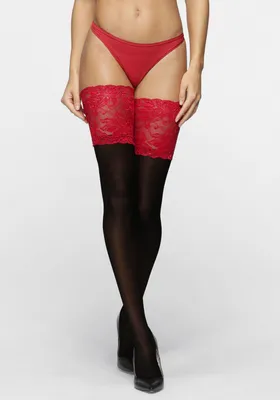 Produktbild von LASCANA Halterlose Feinstrümpfe schwarz / rot Größe 32/34