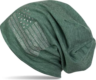 Produktbild von styleBREAKER Beanie Mütze USA Flaggen Design mit Strass-Applikationen, Uni, Jersey leicht Übergang Frühling Herbst