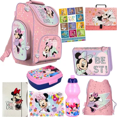 Produktbild von Goldkids - Set XXL 9er Schulranzen Ranzen Tornister Federmappe Turnbeutel Brotdose Trinkflasche Aktenmappe - Minnie Motiv 1-3 Klasse