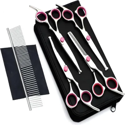 Image de Set de ciseaux pour chiens - Acier inoxydable professionnel avec pointe de sécurité arrondie et divers accessoires en violet