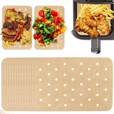 Image de Papier sulfurisé pour friteuse à air, 200 feuilles, 20,5 x 14 cm, rectangulaire, non blanchi, perforé, antiadhésif, résistant à la chaleur jusqu'à 230°C