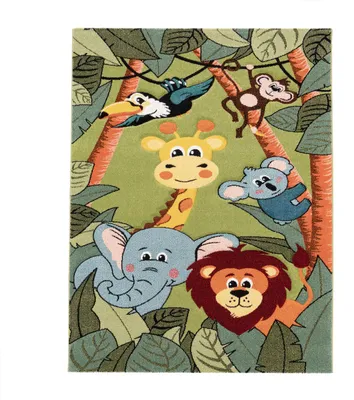 Produktbild von TT Home Kinderzimmer Teppich Dschungel Zoo Tiere Giraffe Schlange Löwe Affe Grün Größe 80x150 cm