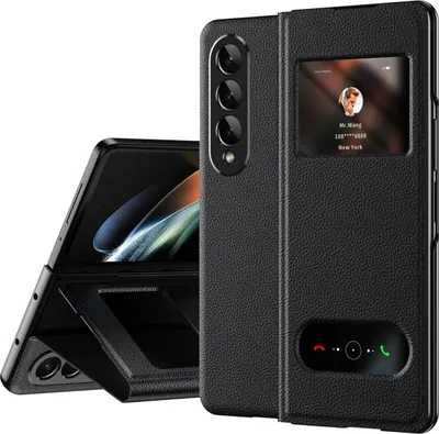 Image de Etui mince en cuir pour Samsung Galaxy Z Fold 4 5G, avec fenêtre d'affichage et fonction stand Noir litchi