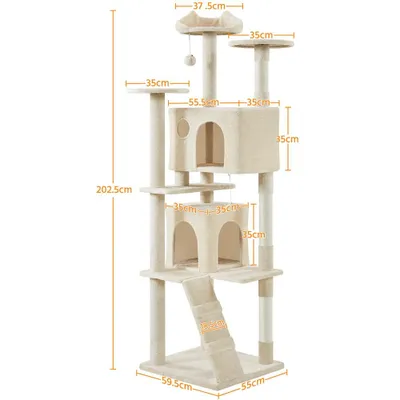 Produktbild von Yaheetech XXL Kratzbaum, 202,5 cm, mehrstufig, mit 3 Sisalstämmen, 3 Aussichtsplattformen, 2 Katzenhöhlen & 2 Plüschbällen, Beige