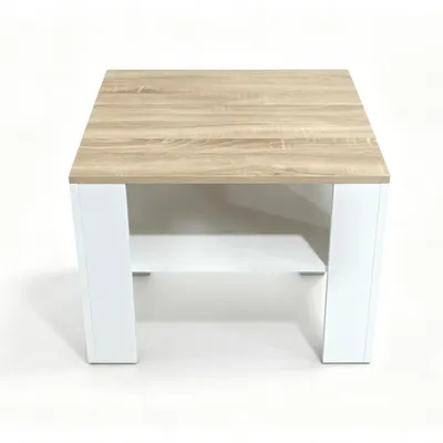 Produktbild von Quadratischer Couchtisch Holzoptik Weiß, Wohnzimmertisch mit unterer Ablage, Stabiler Tisch aus Spanplatte, Moderner Salontisch für Wohnzimmer