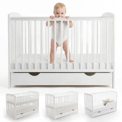 Produktbild von Love For Sleep Weiß Babybett Gitterbett mit Schublade 120 x 60cm + Schaumstoffmatratze + Sicherheitsgitter aus Holz + Schutzhülle