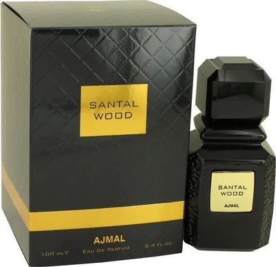 A black perfume bottle and its packaging are displayed against a white background.