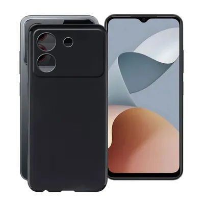 A black phone case is shown next to a smartphone.