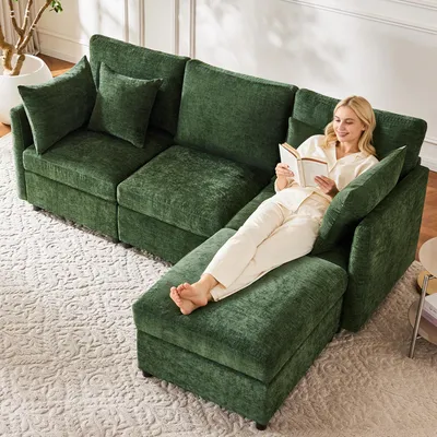 Zdjęcie produktu dla Merax – 3-osobowa sofa narożna w kształcie litery L, sofa modułowa z ruchomym pufem i 4 poduszkami, do salonu, mieszkania i biura, sofa z tkaniny szenilowej, zielona