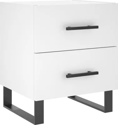 A white two-drawer nightstand with black handles and black metal legs, shown from a front-side angle against a white background.